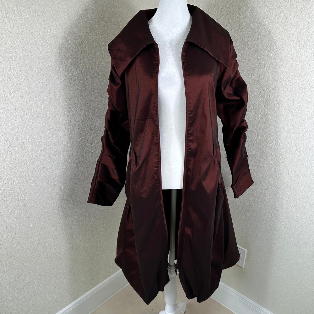 Samuel Dong Bubble Hem Trench Coat Women XL Burgundy Iridescent Avant Garde - Picture 2 of 8